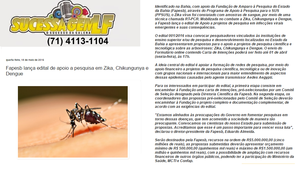 Fapesb Lan A Edital De Apoio A Pesquisa Em Zika Chikungunya E Dengue